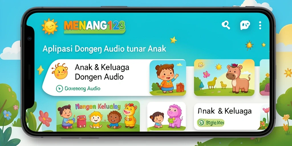 Tampilan antarmuka aplikasi MENANG123 dengan koleksi dongeng audio.