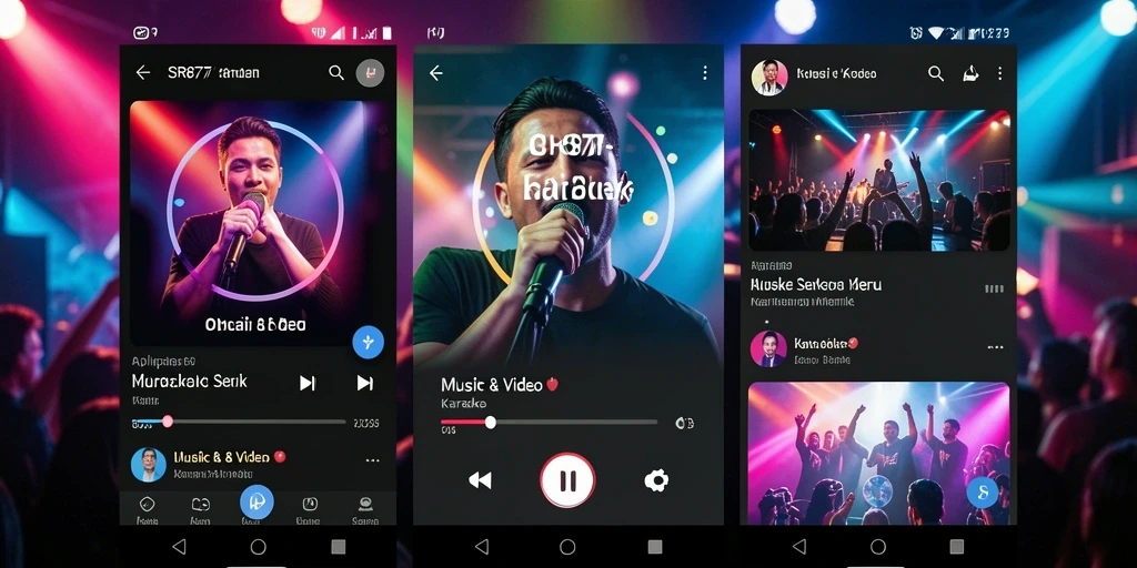Tampilan antarmuka aplikasi Karaoke SR877 dengan fitur lirik dan rekaman.